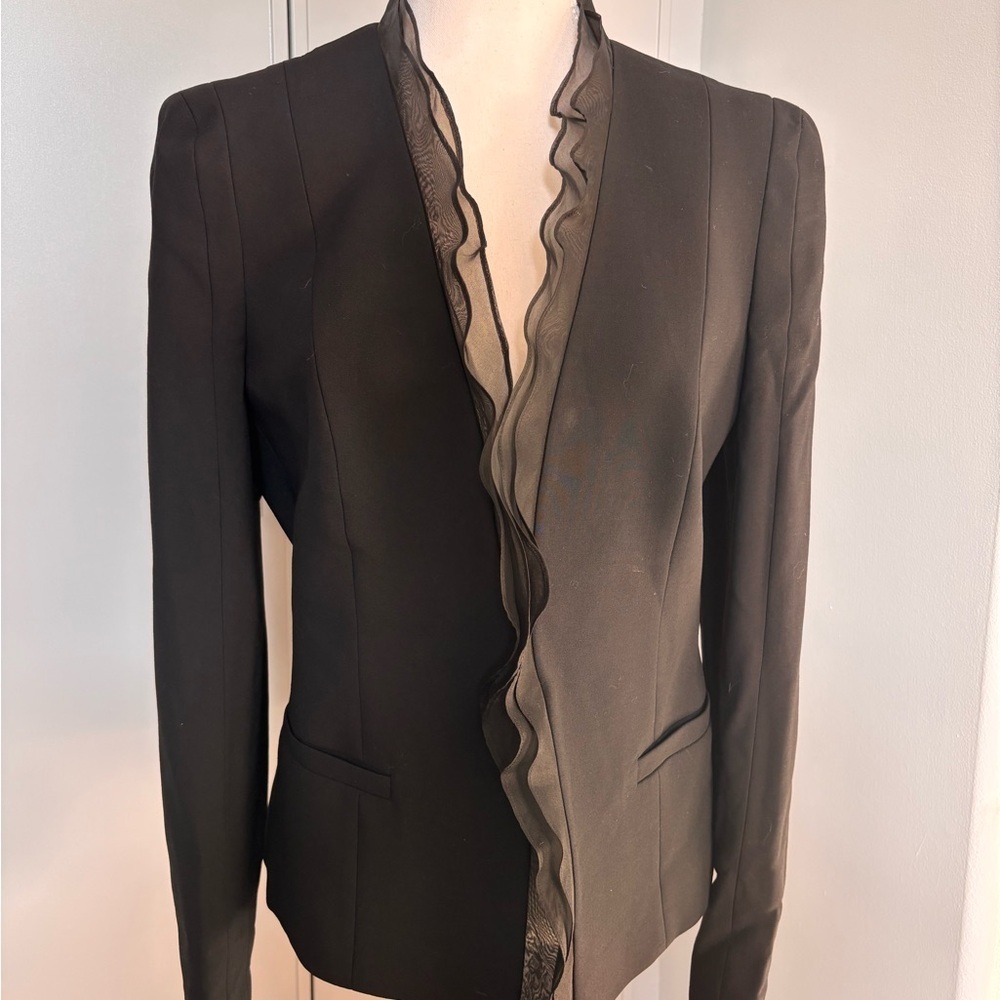 Vintage Louis Feraud Black Wool and Silk Blazer with Ruffled Trim